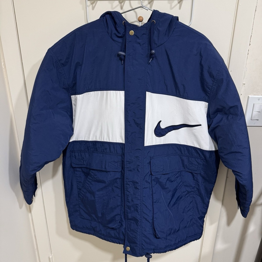Vintage 90s Nike Parka Hoodie Nylon Polyester Navy Blue Jacket Men's Size Large